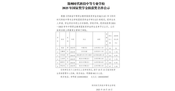 我校2024-2025学年中等职业教育国家奖学金拟获奖学生名单公示